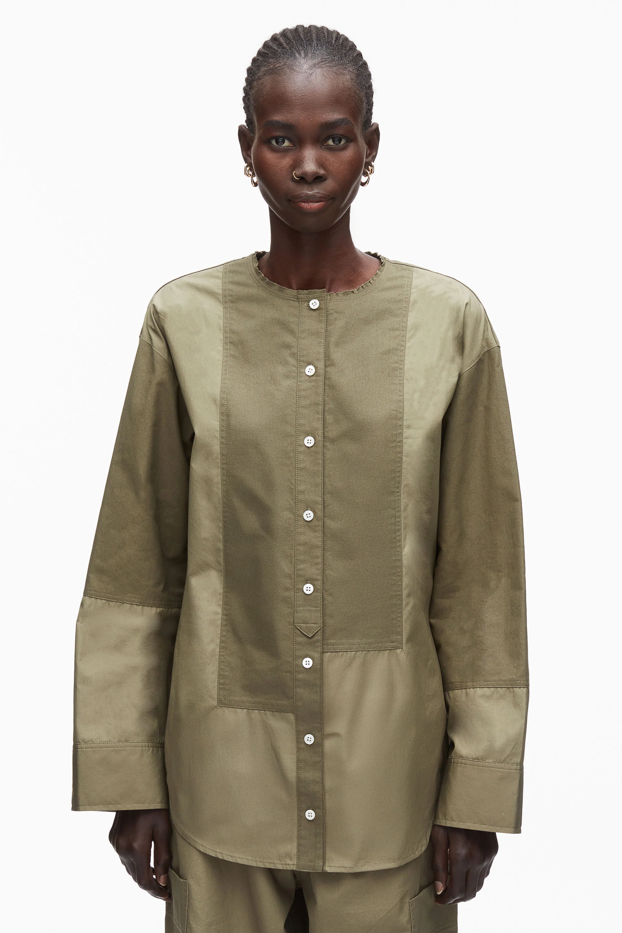 Mixed Oxford Collarless Shirt - Image 3