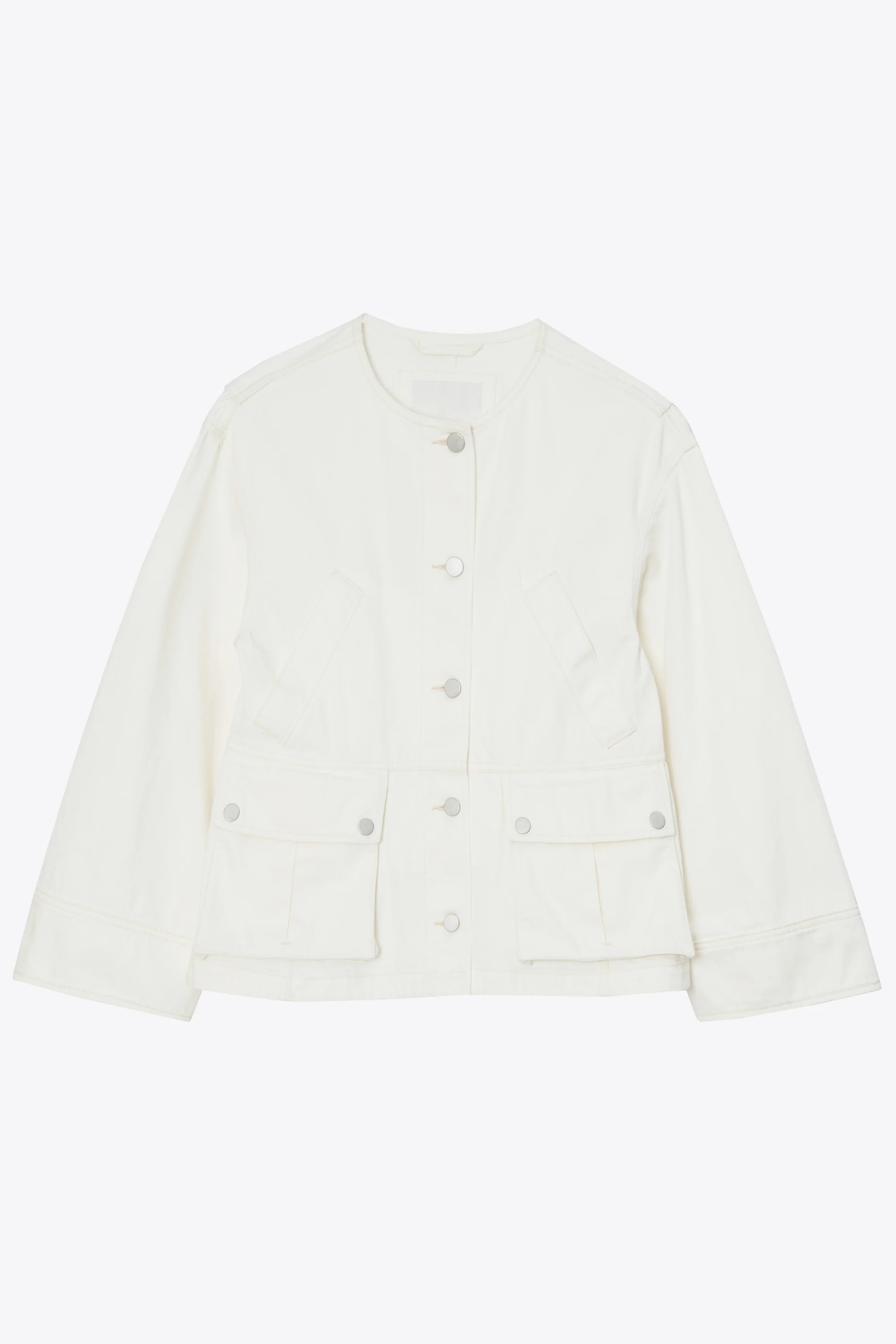 Collarless Trapeze Denim Jacket - Image 15