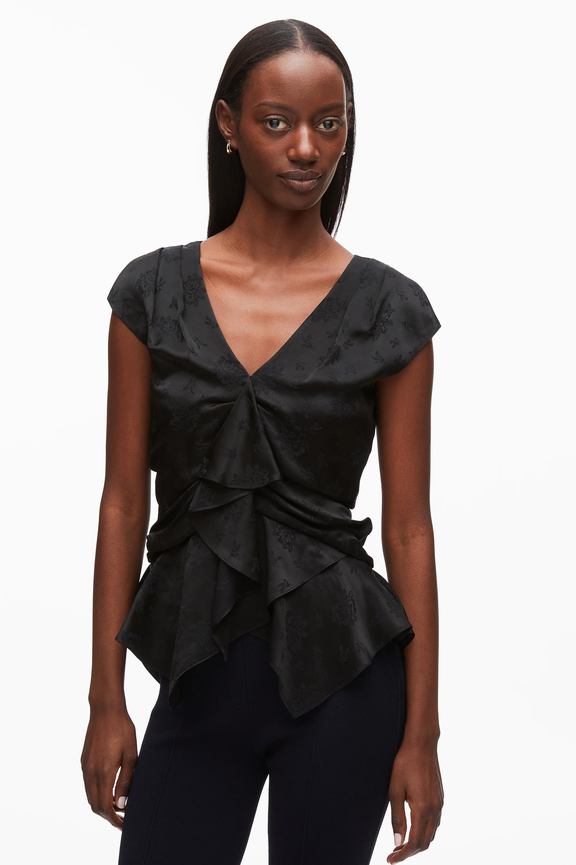 Floral Jacquard Draped Handkerchief Top - Image 14