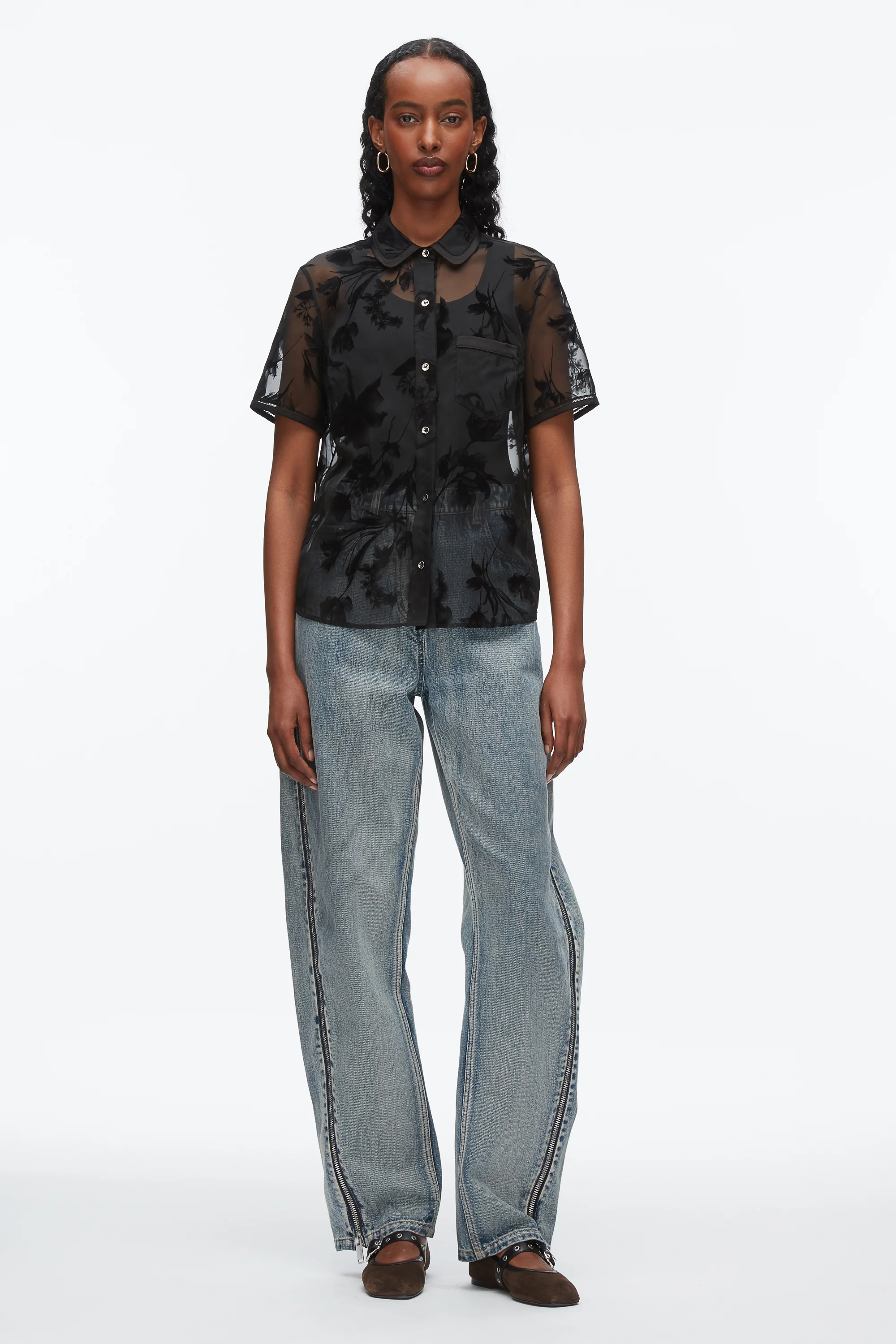 Flocked Organza Short Sleeve Shirt