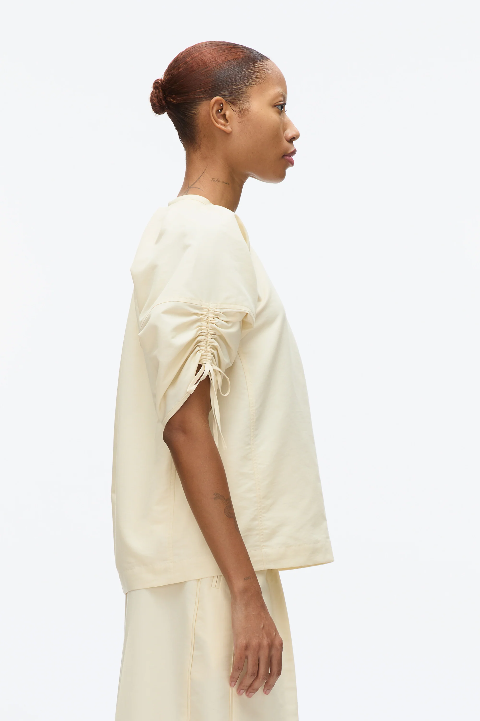 Gathered Sleeve Band Collar Top - Image 11