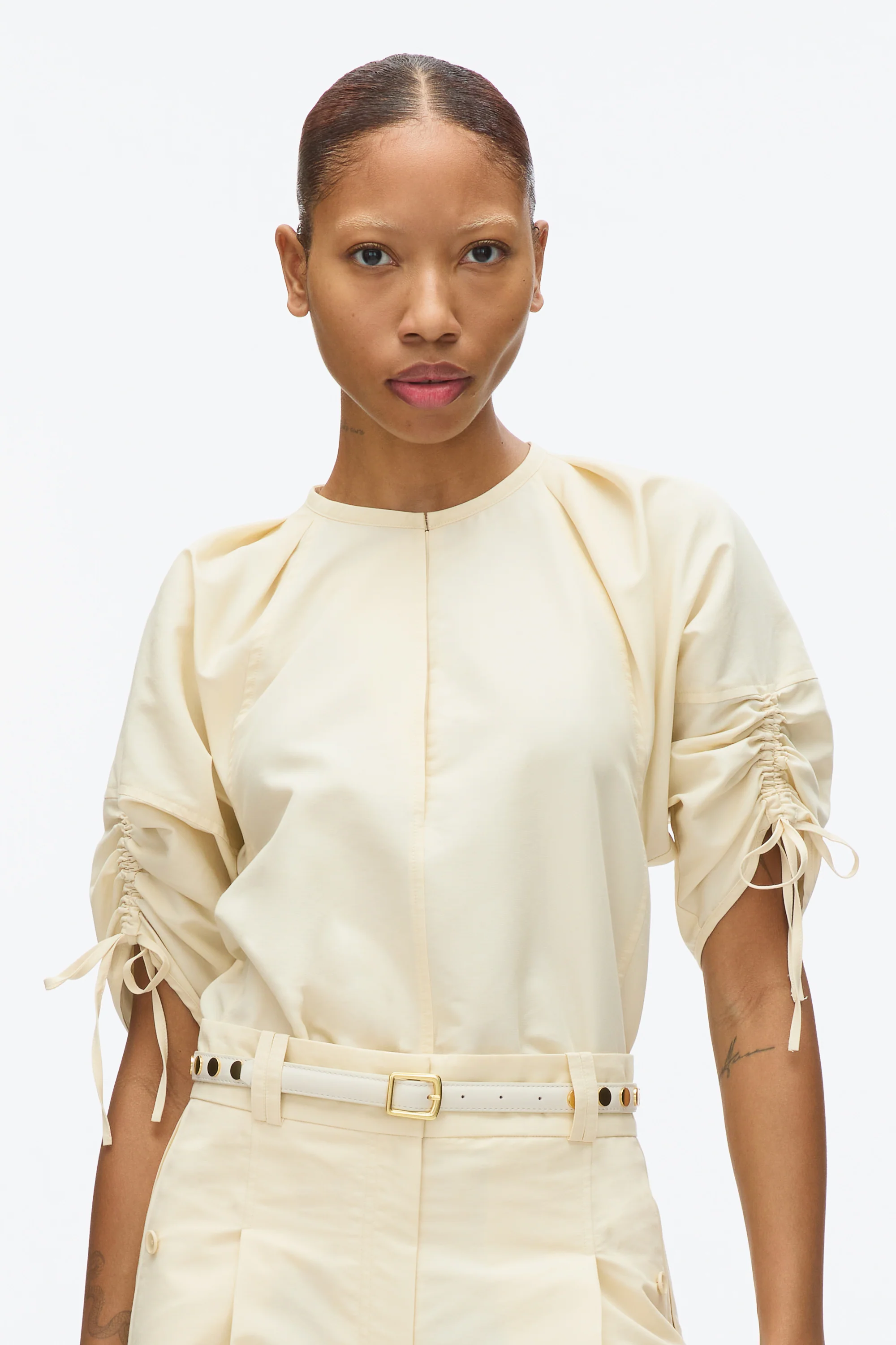 Gathered Sleeve Band Collar Top - Image 14