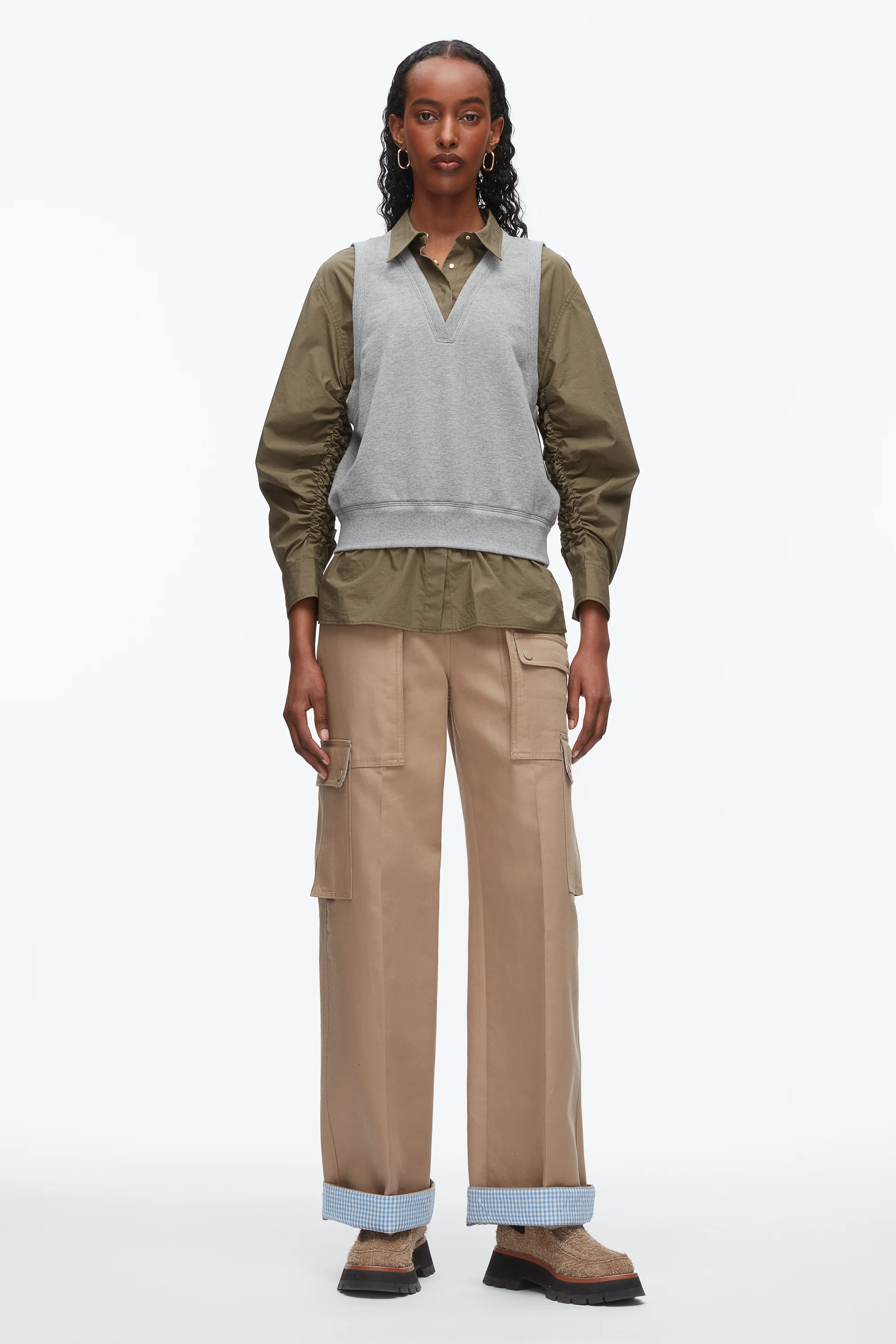 Layered Vest Ruched Sleeve Shirt