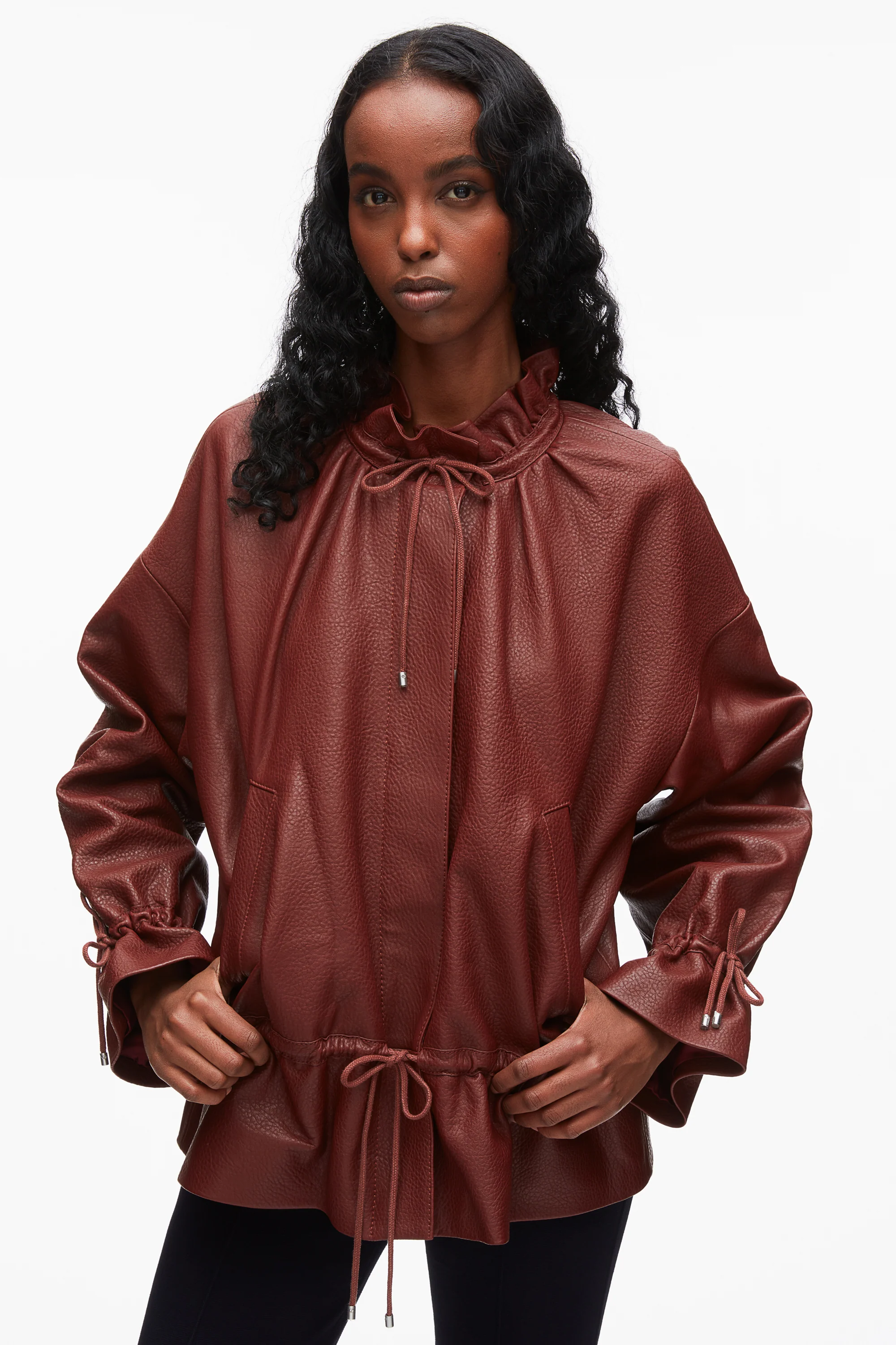 Leather Cinched Parka with Ruffle Collar - Image 13