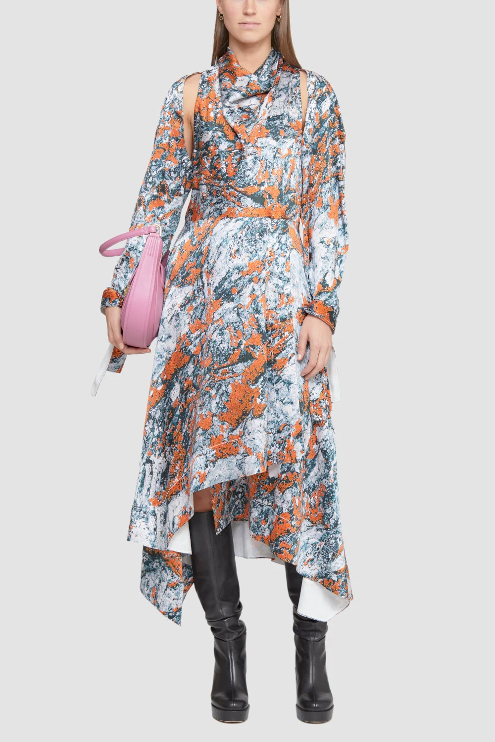 Lichen Bloom Hammered Silk Long Sleeve Cowl Dress