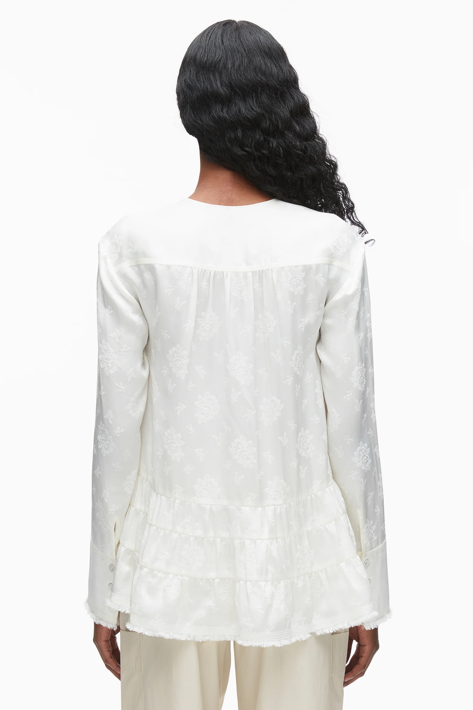 Floral Jacquard Fray Hem Blouse - Image 5