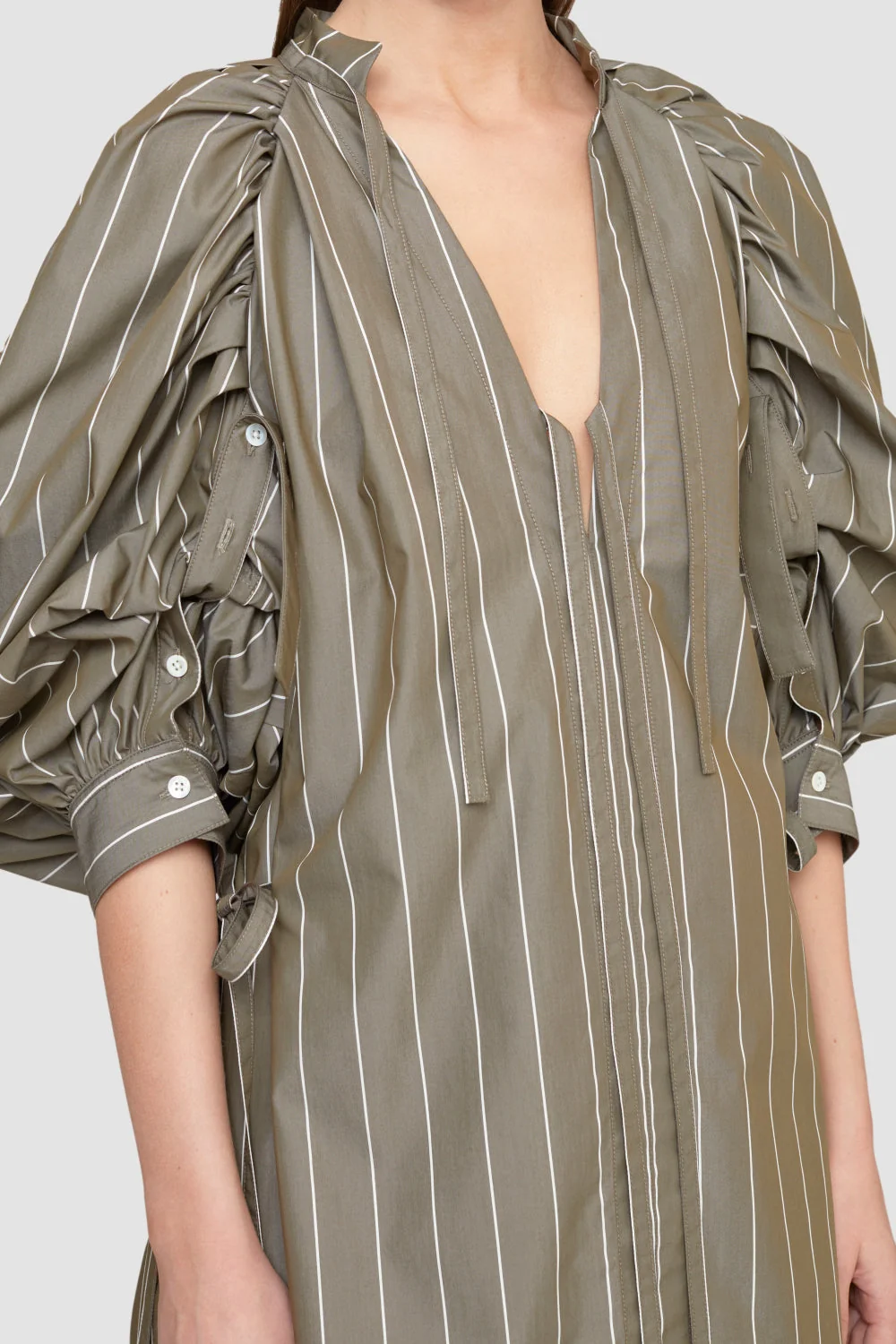 Puff Sleeve Tie Frnt Striped Poplin Dress - Image 6