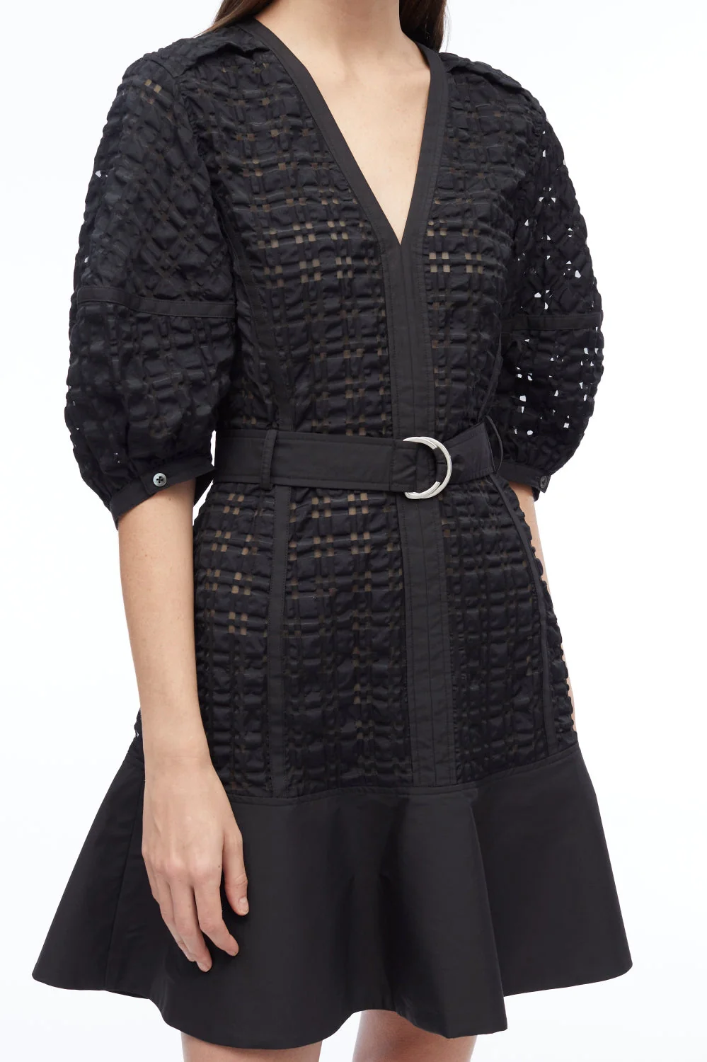 Taffeta Check Puff Sleeve Midi Dress - Image 4