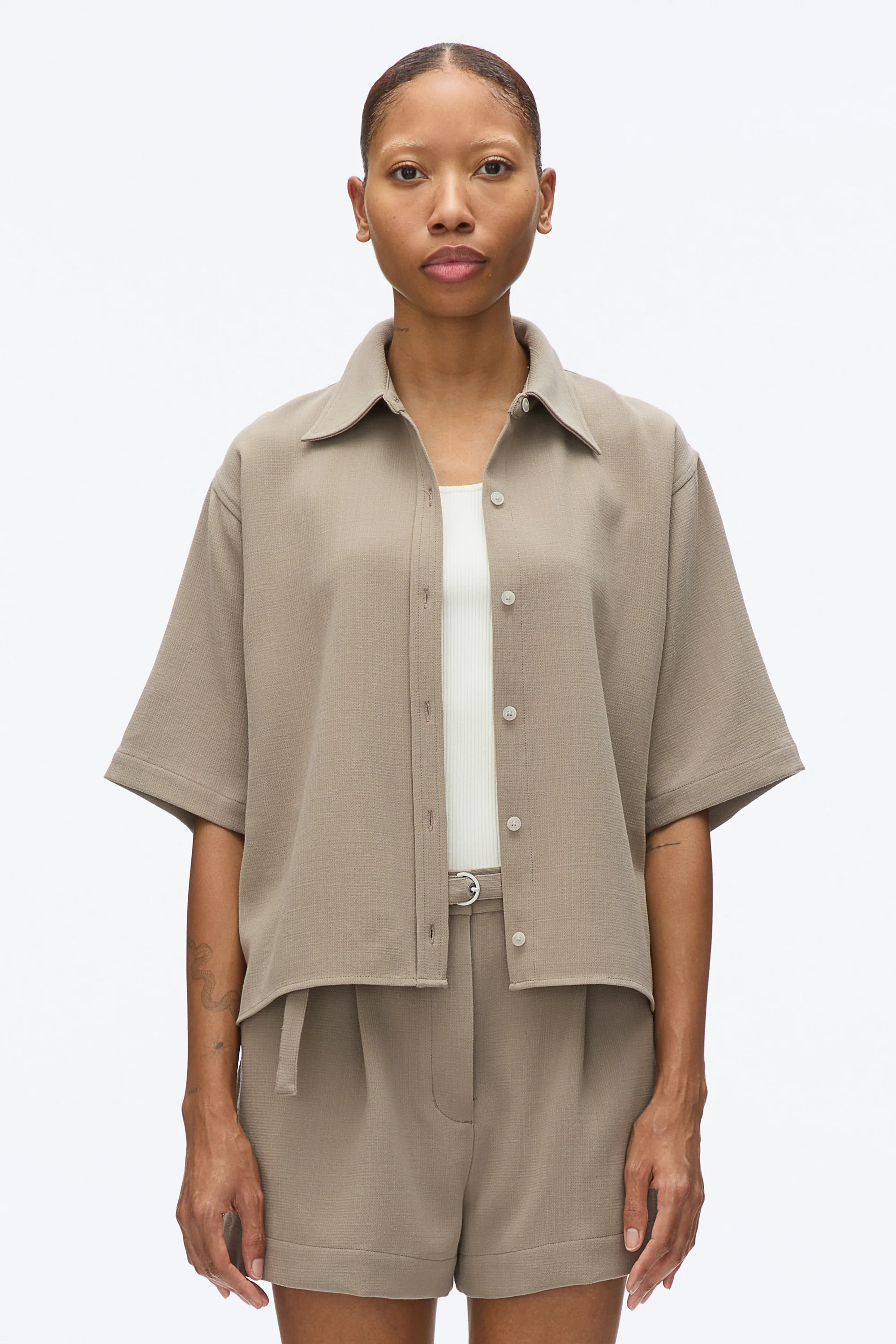 Wool Crepe Boxy Shirt Sleeve Shirt - Image 8